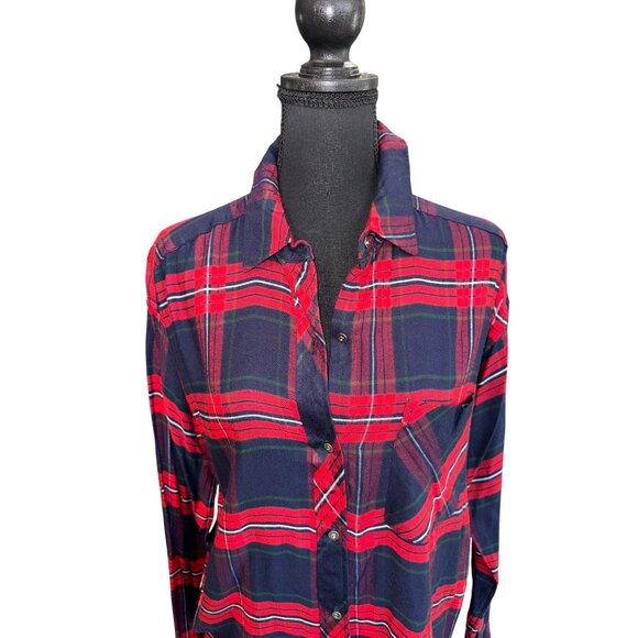 NWT Staccato Red Navy Plaid Boy Friend Long Shirt Top Button-Up Shirt M Academic - Picture 2 of 10